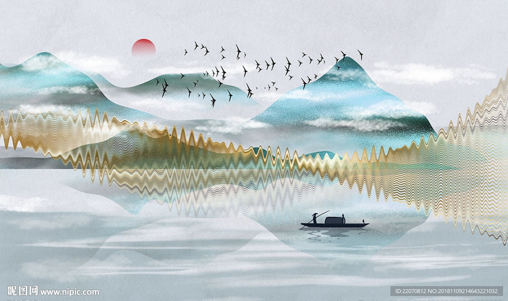 质感山水蓝金意境背景墙