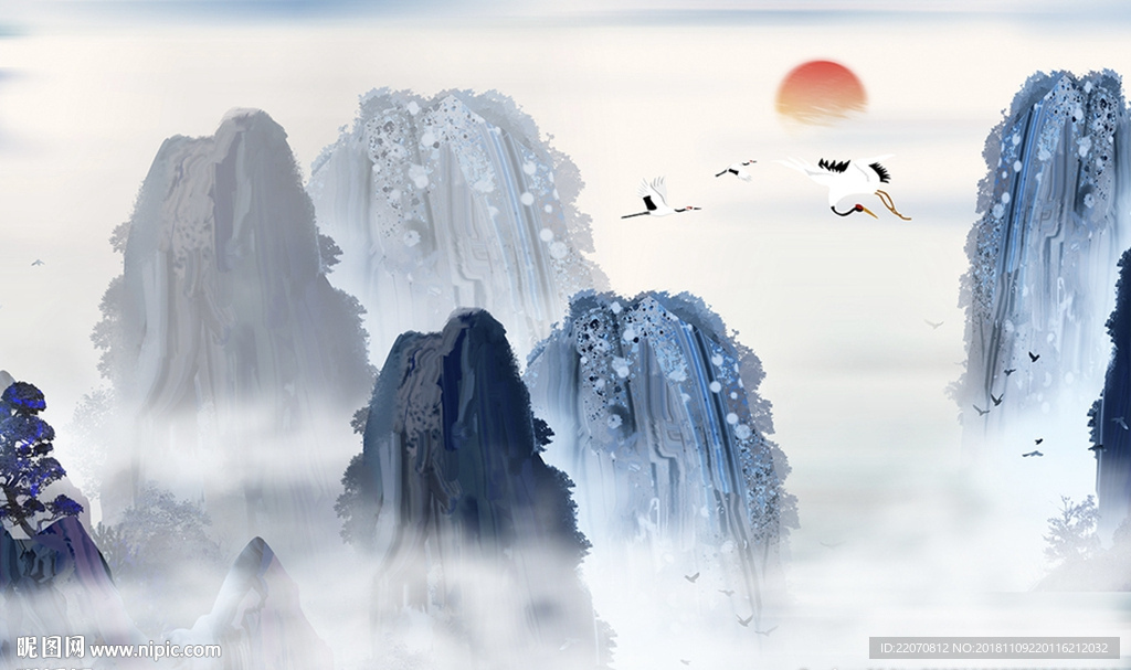 唯美云雾蓝色山峦飞鹤背景墙