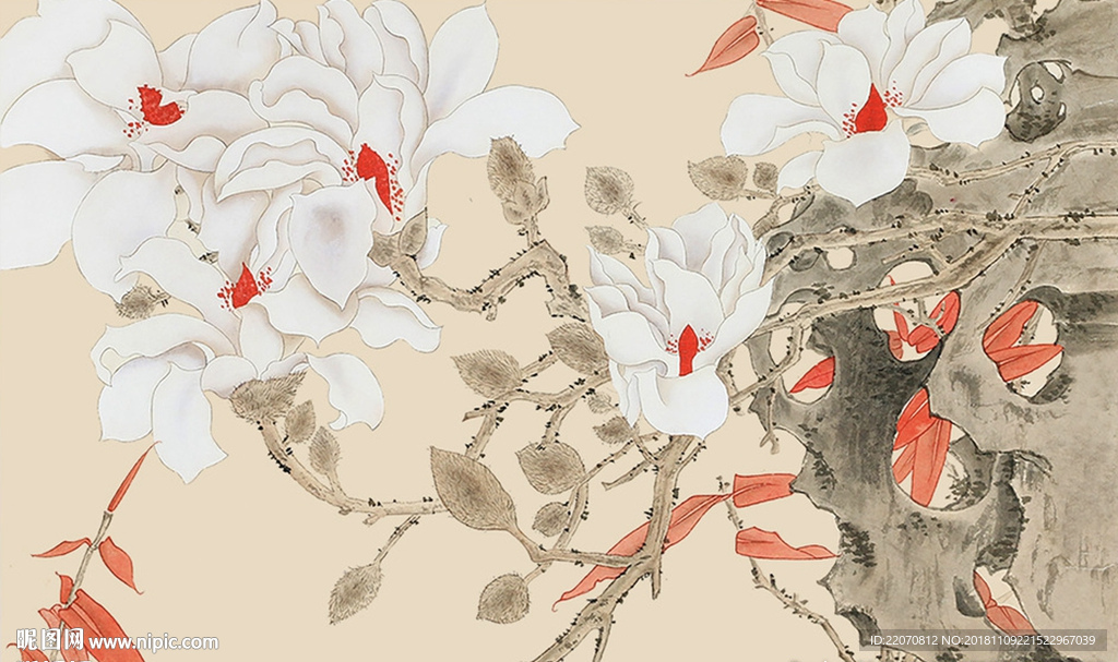 手绘工笔玉兰花背景墙