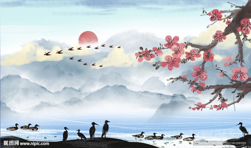 意境山水鸭子戏水风景背景墙