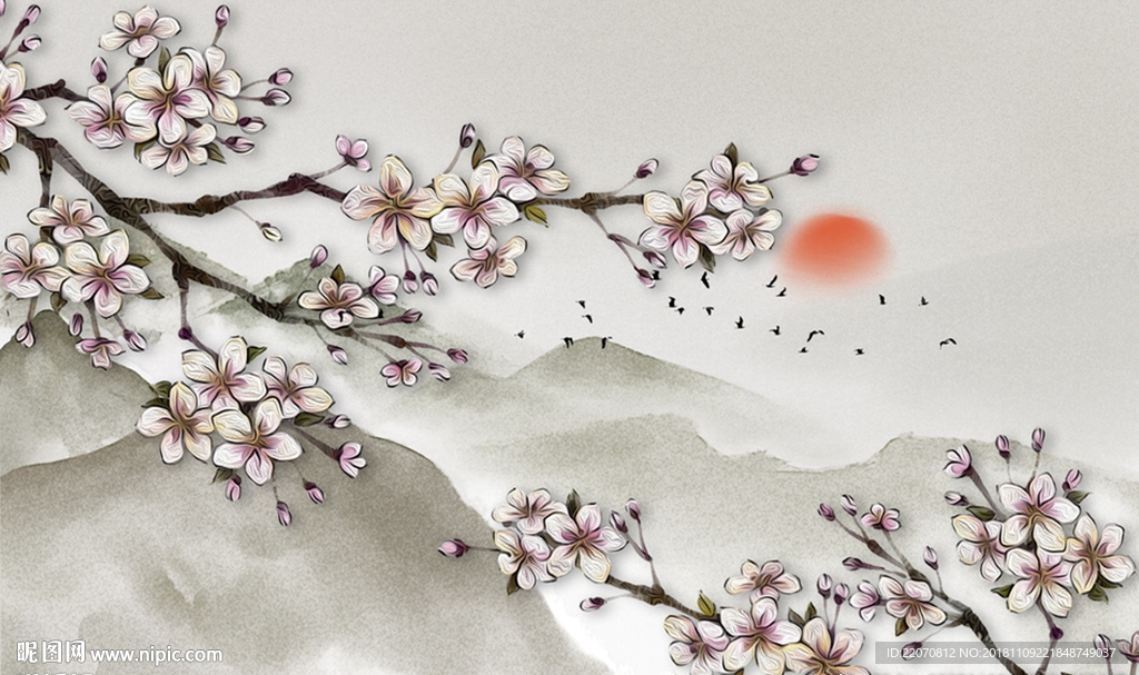 新中式清新花枝远山背景墙