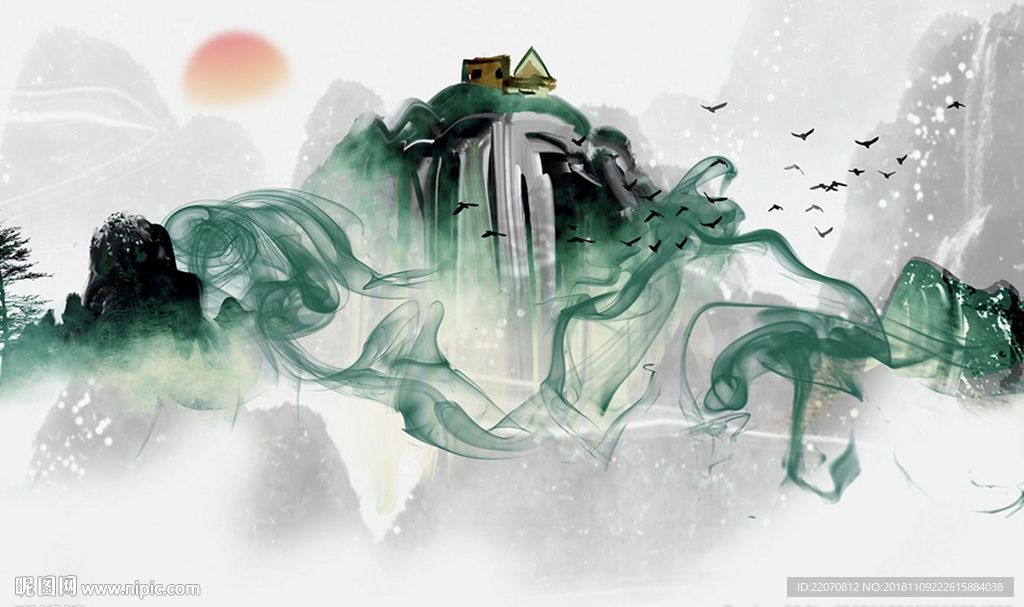 新中式绿色山峦烟雾飞鸟背景墙