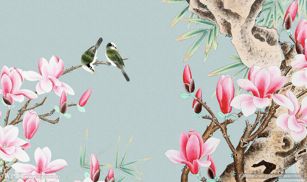 工笔手绘玉兰花花鸟背景墙
