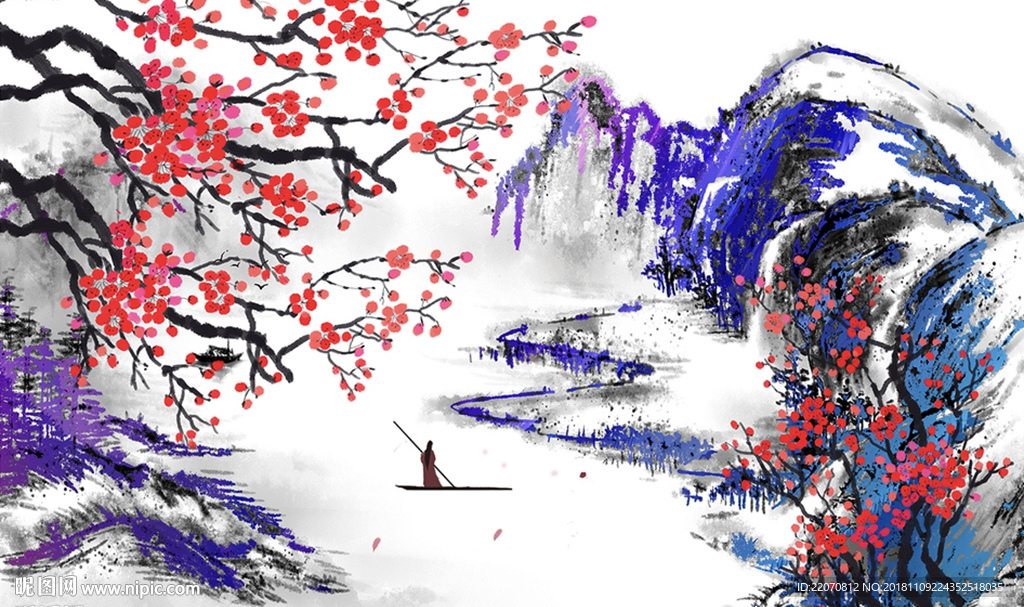 彩色山峦红色水墨梅花背景墙
