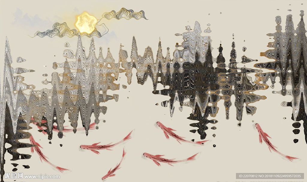 新中式波浪山水鲤鱼图背景墙