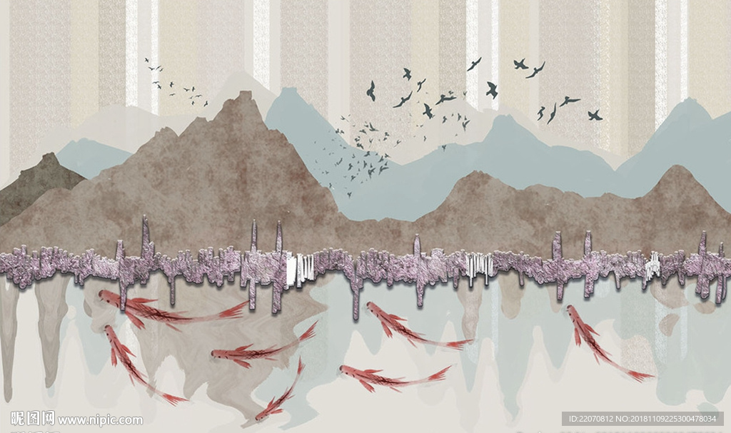 中式山水鱼鸟背景墙