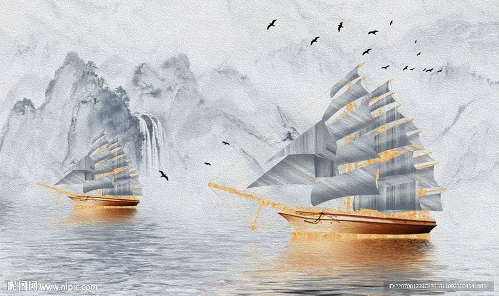 山水风景帆船鸟油画背景墙