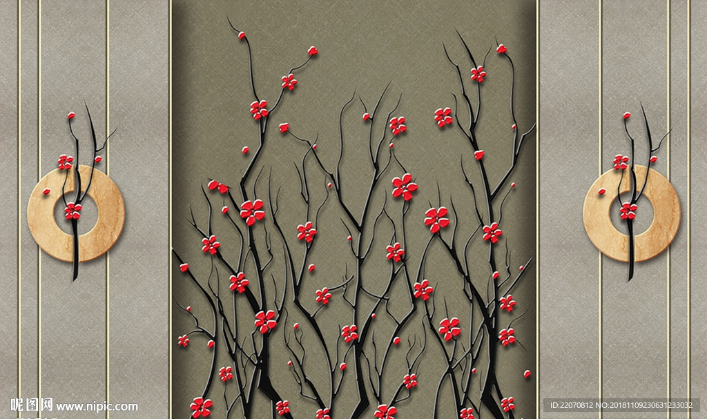 简约梅花金属浮雕铁艺背景墙