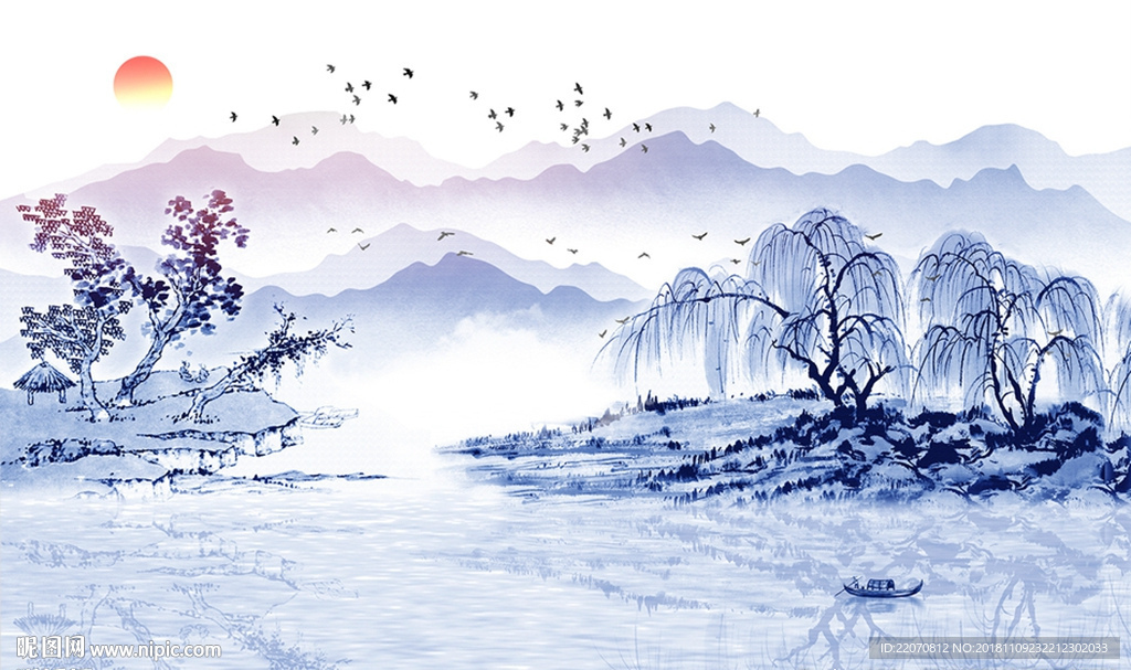 水墨唯美意境山水风景背景墙