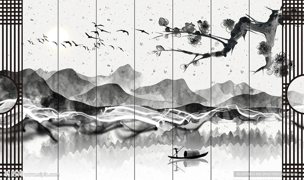水墨手绘山水梅花背景墙