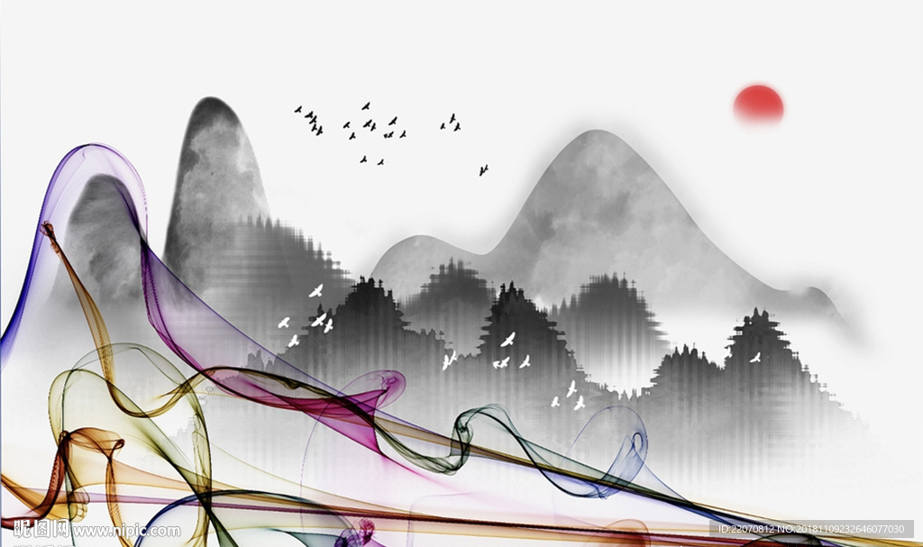 水墨山水创意日出背景墙