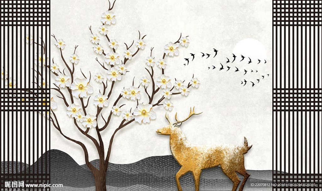 手绘淡雅山水花卉麋鹿背景墙