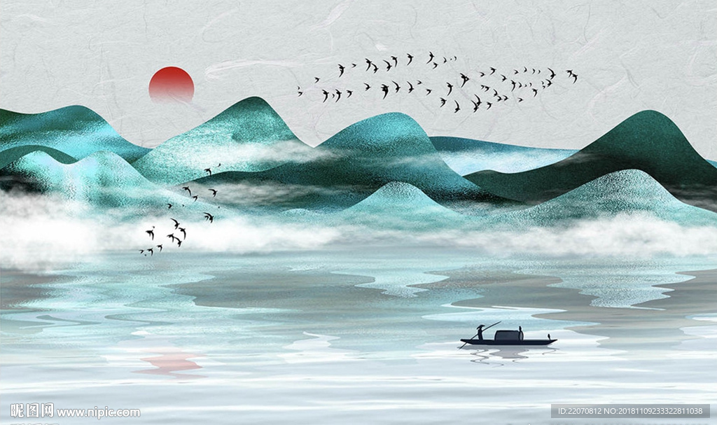 简约质感蓝色山水画背景墙