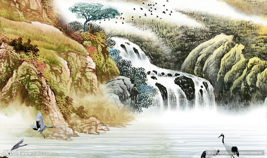 白鹤山水国画背景墙