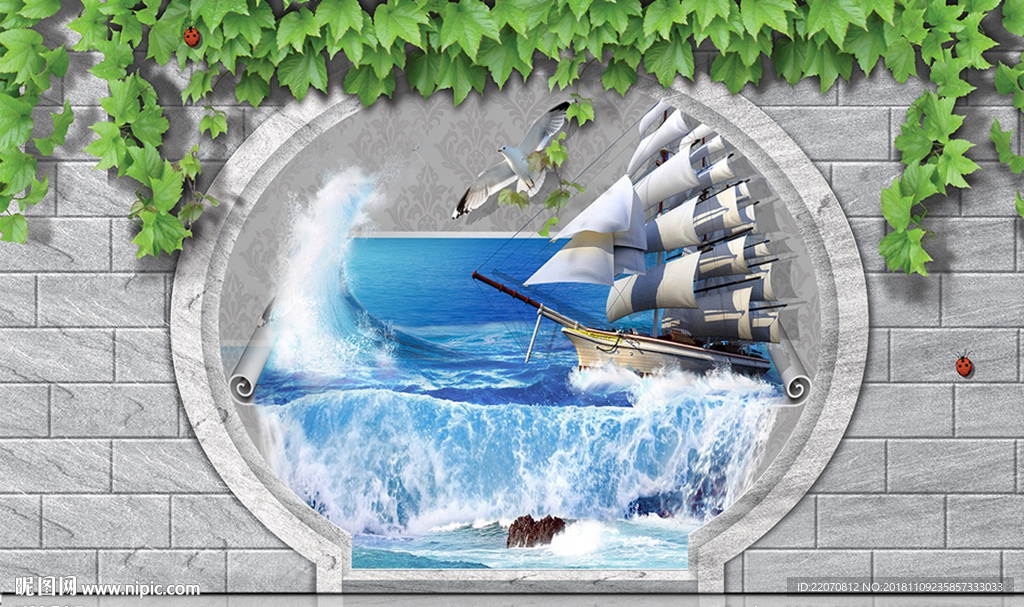 3D立体海洋帆船背景墙
