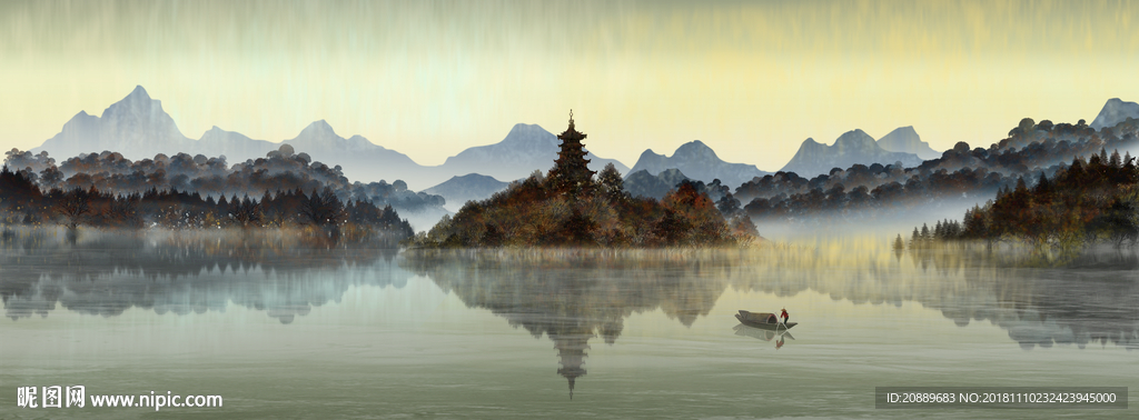 水墨 山水 水彩 山河 日出