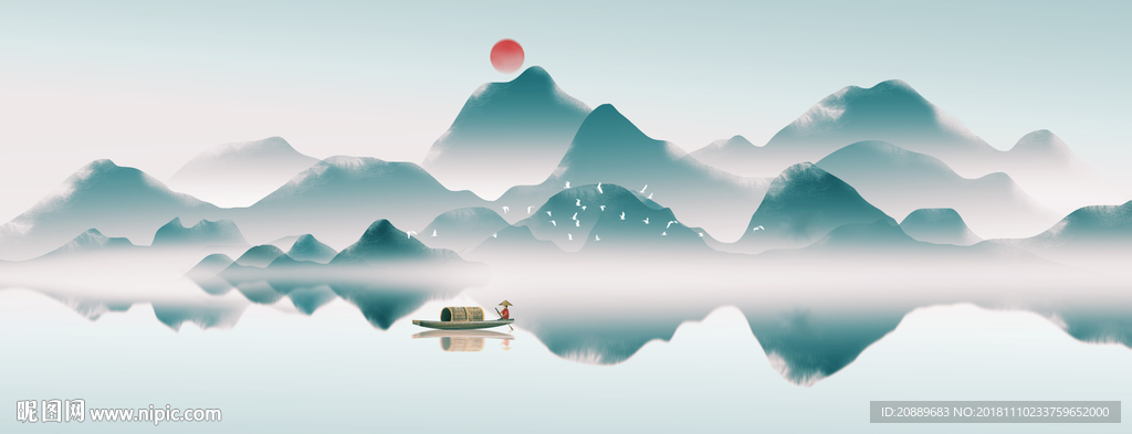 水墨 山水 水彩 山河 日出