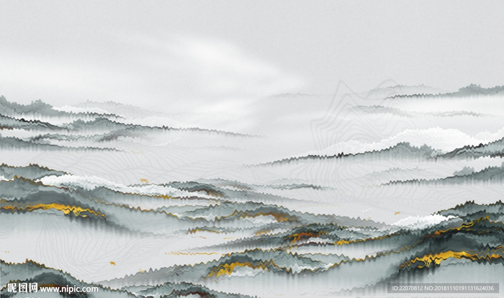 山水水墨飞鸟抽象蓝色背景墙