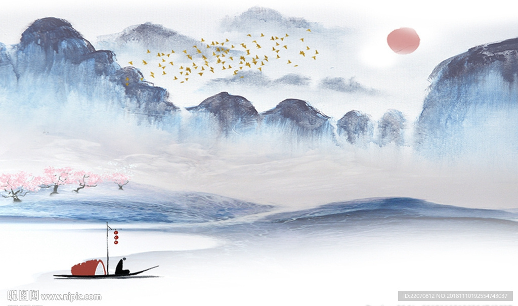 中式蓝墨飞鸟日出背景墙