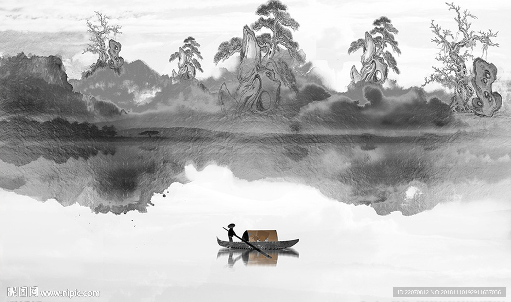 中式山水国画水墨背景墙