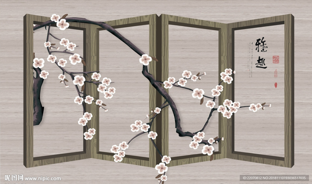 中式山水手绘梅花花鸟背景墙