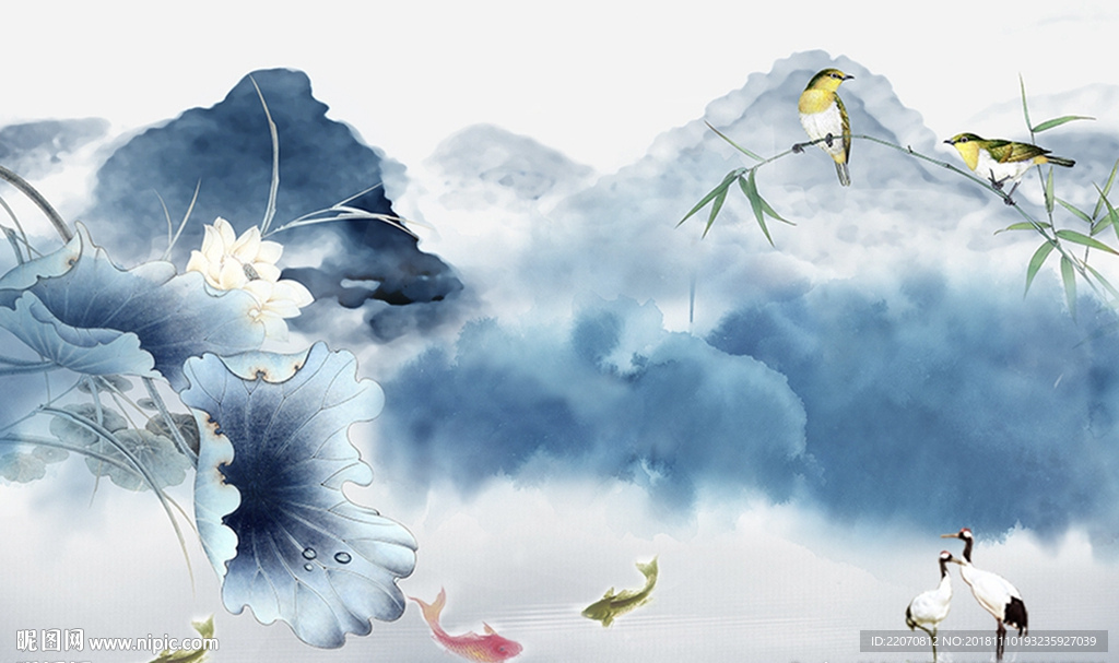 新中式水墨荷花背景墙