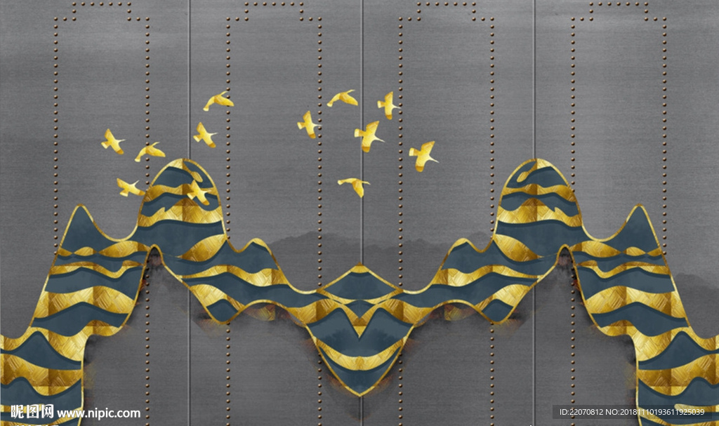 金色山水飞鸟背景墙