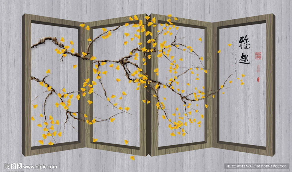 银杏手绘工笔花鸟背景墙