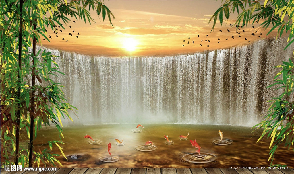 中式流水生财秋色国画背景墙