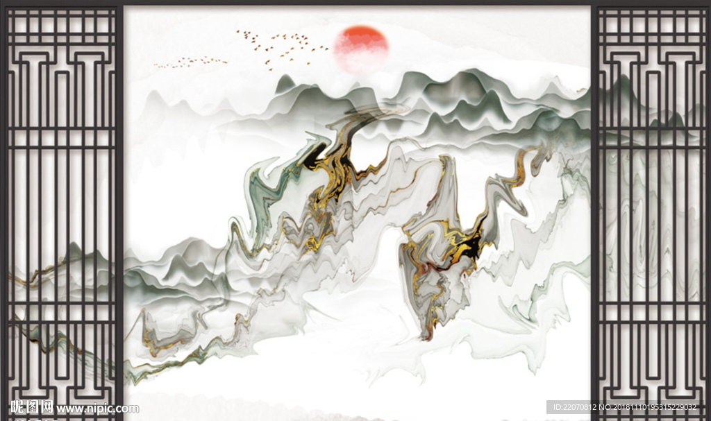 抽象水墨线条烟雾山水背景墙