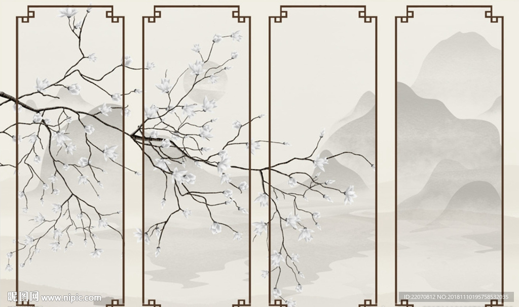 中式手绘工笔花鸟背景墙