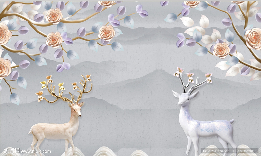 浮雕树枝花麋鹿水墨山水背景墙