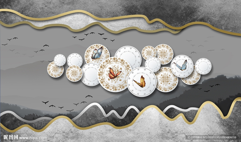 立体盘子蝴蝶雾霾山背景墙