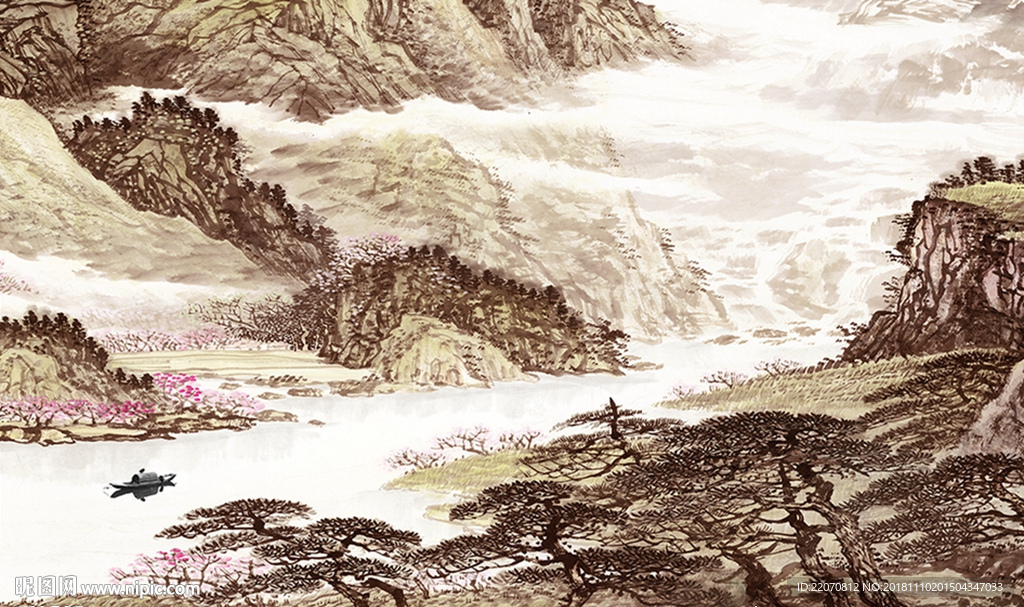 山水国画风景背景墙