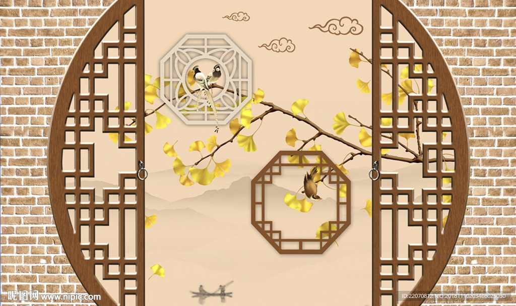 意境木雕屏风银杏花鸟背景墙