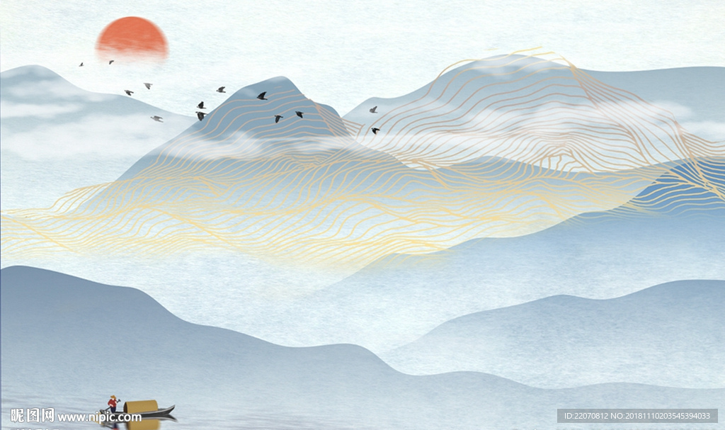 手绘山水线条倒影船家背景墙