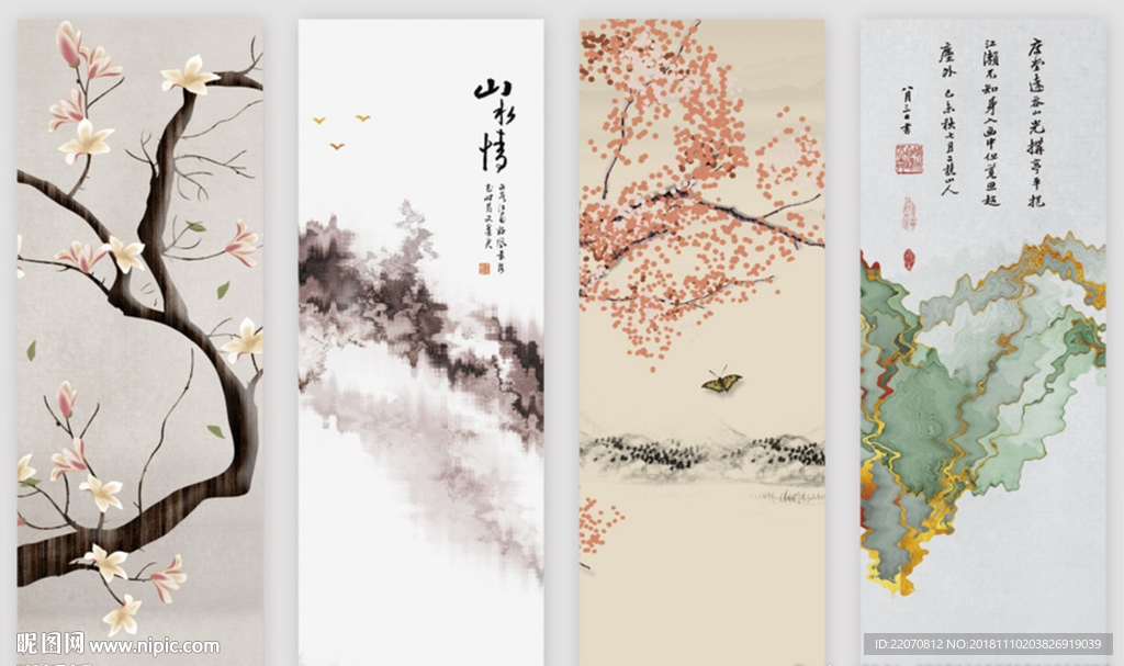 新中式玉兰花手绘工笔花鸟背景墙