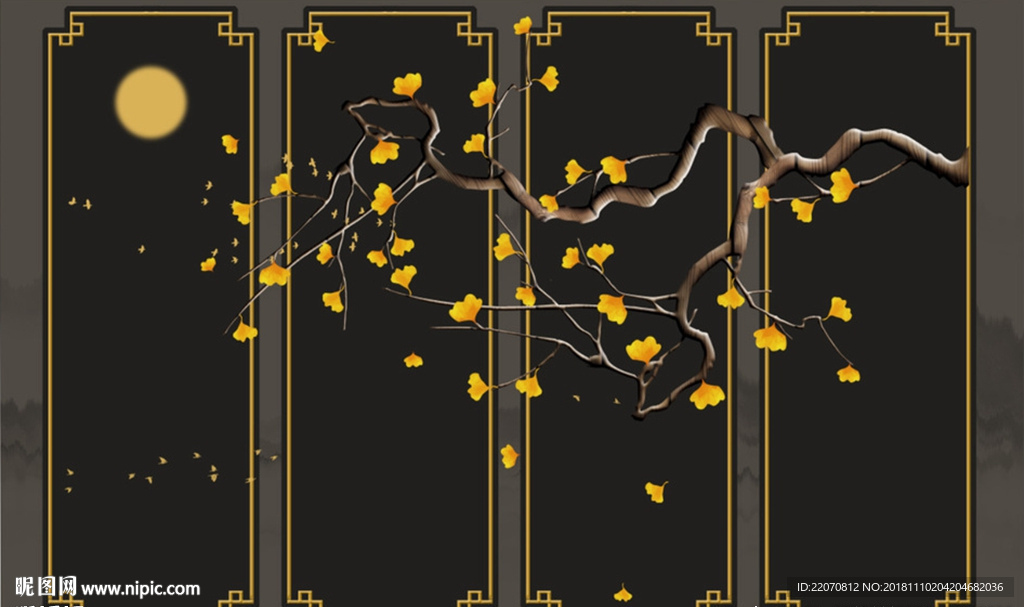 银杏手绘工笔花鸟背景墙