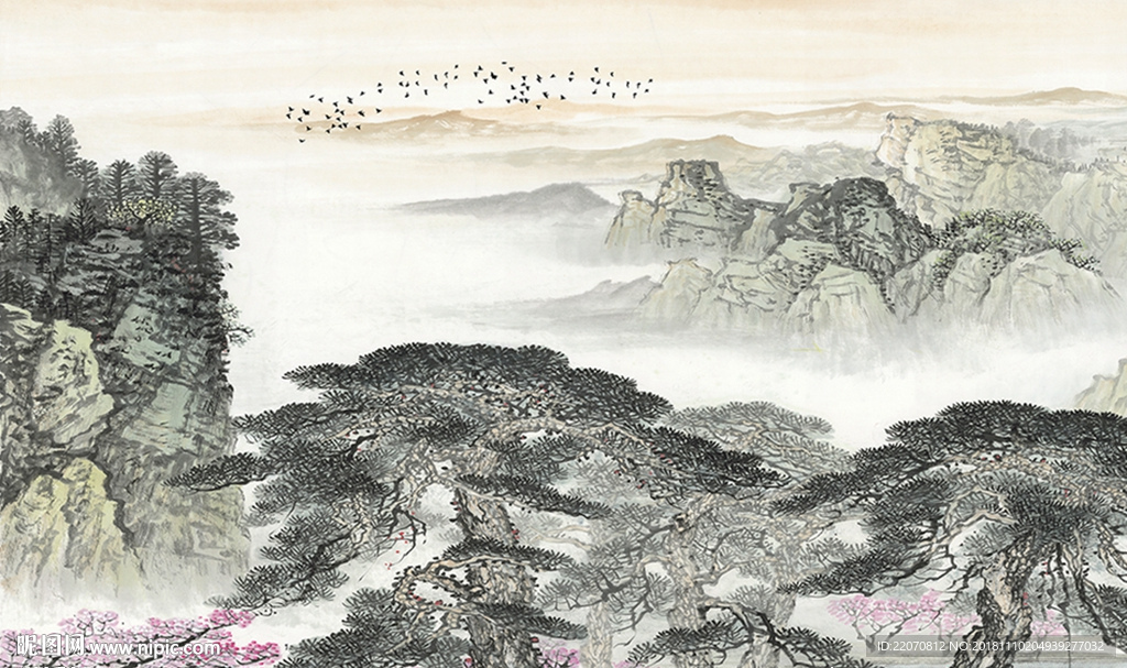 中式手绘山水国画风景抽象背景墙