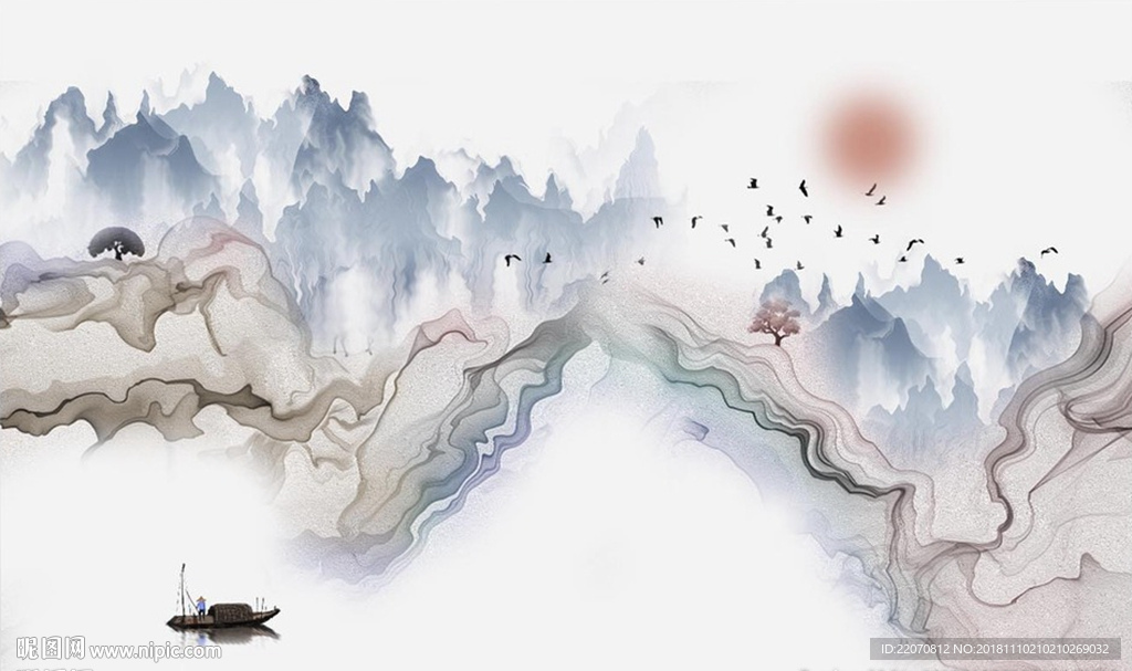 水墨小舟飞鸟山水背景墙