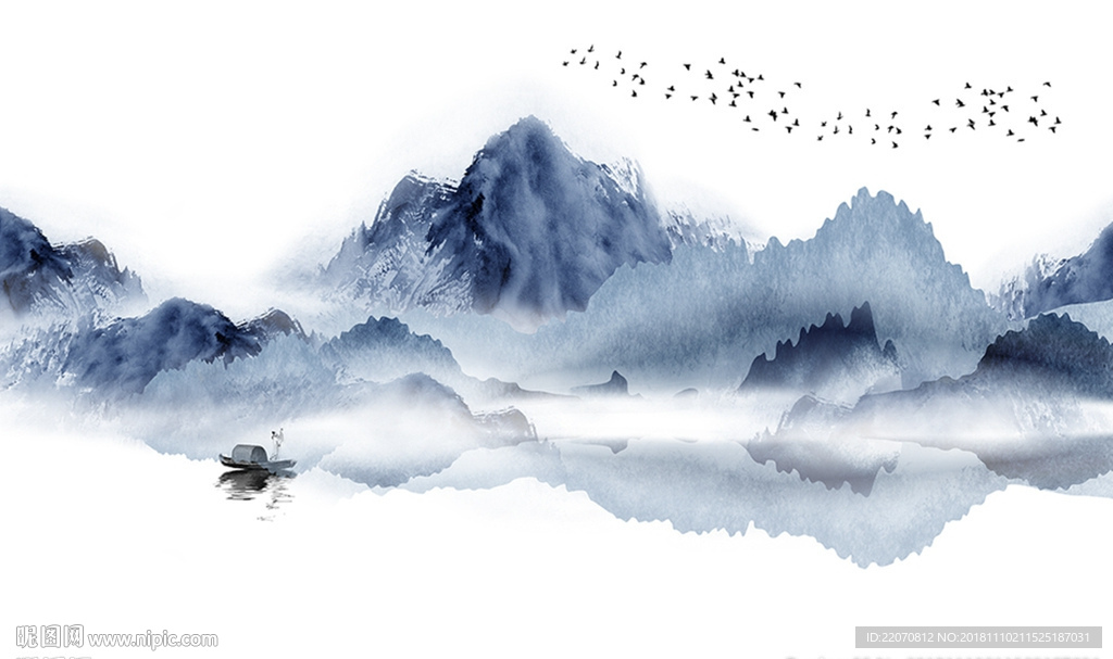 水墨山水国画飞鸟意境背景墙