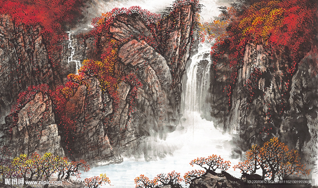 中式抽象红色山水枫林背景墙