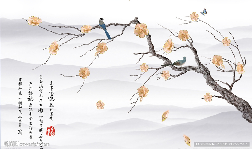 中式手绘珠宝花鸟背景墙