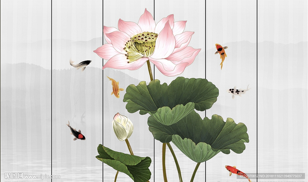 手绘清新荷花鱼背景墙
