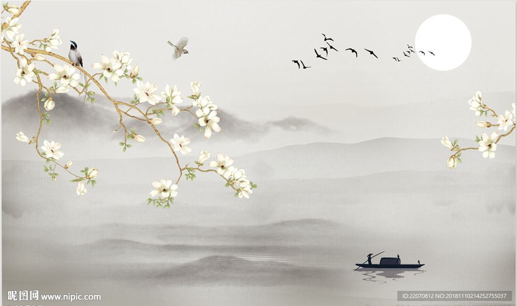 手绘玉兰花鸟背景墙