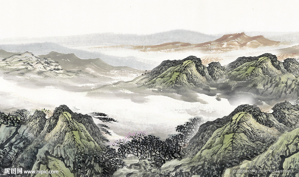 山水国画抽象风景背景墙