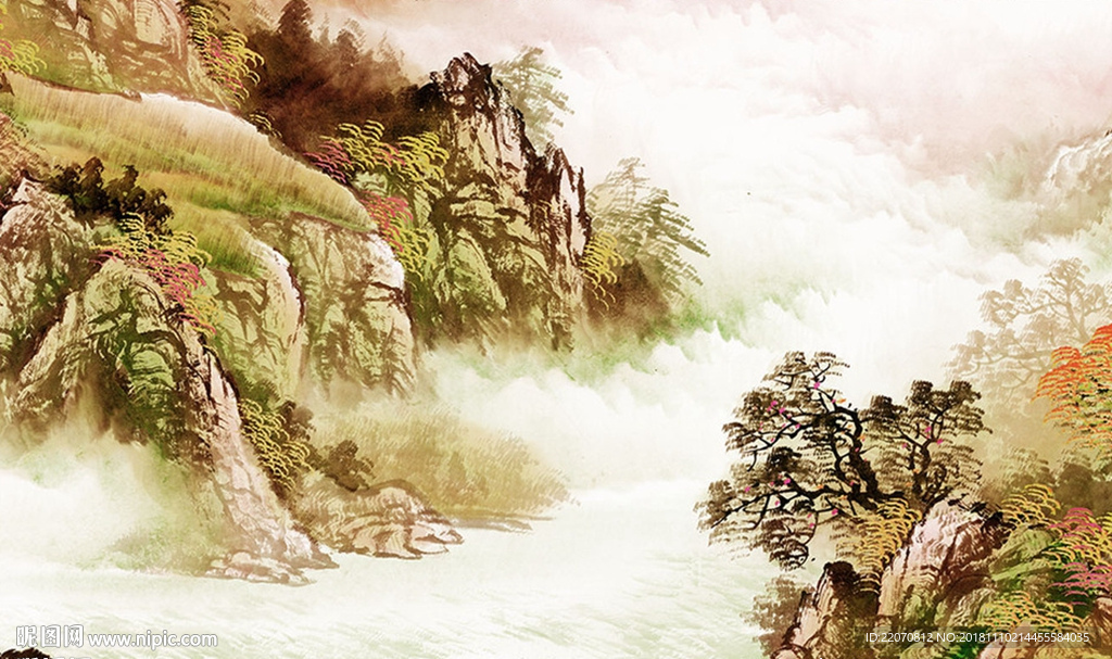 山水国画抽象艺术手绘背景墙