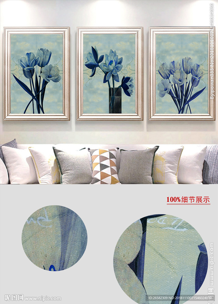 欧式蓝色花卉静物复古客厅装饰画