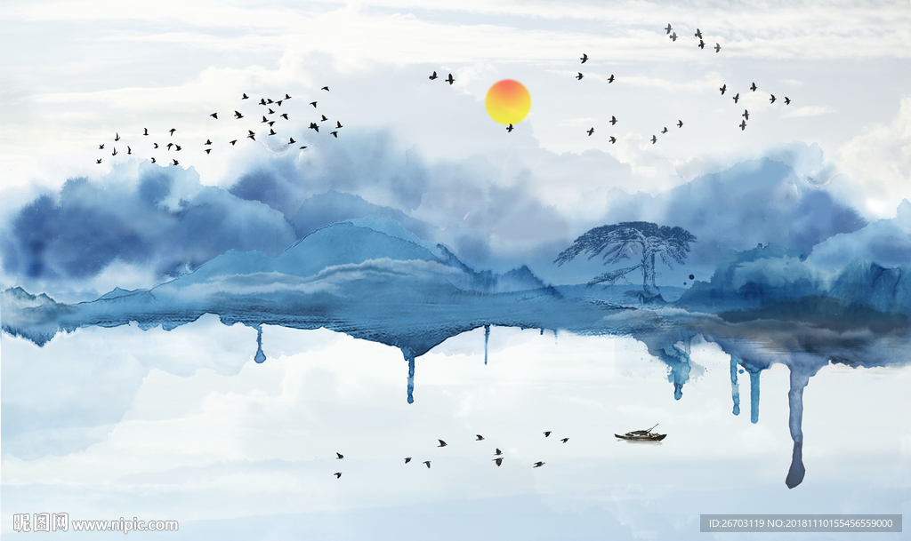 新中式抽象意境水墨山水画背景墙