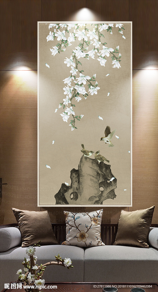 玉兰手绘花鸟新中式玄关